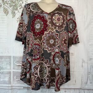 Paisley Grace Womens Brown Mandala Print Mid Sleeve Casual T Shirt Top Sz. XXXL